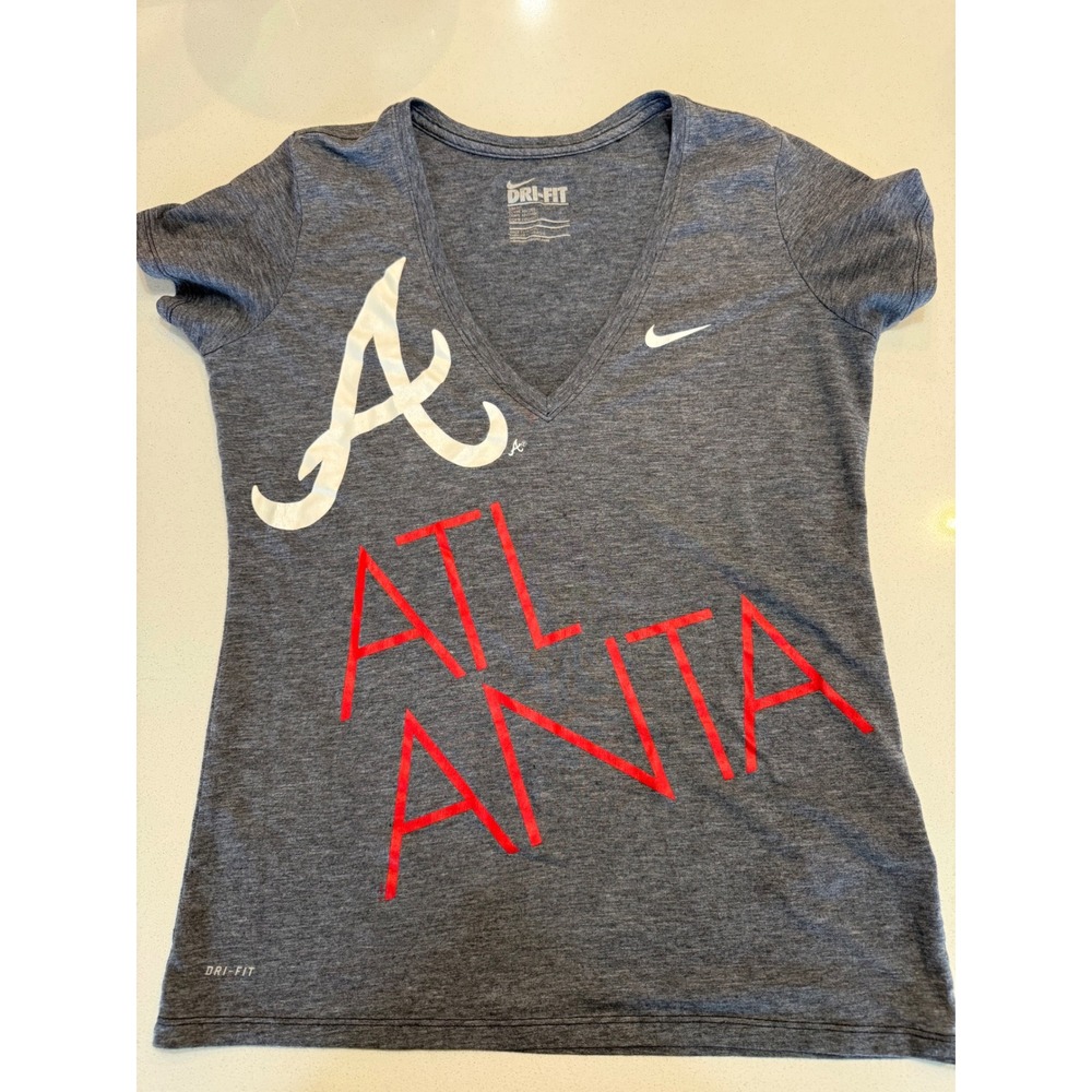 Nike Dri-FIT Atlanta Braves V-Neck T-Shirt Womens Large Slim Fit Navy Blue MLB